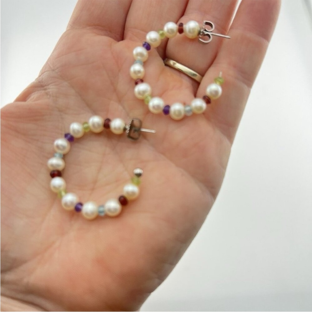 Honora “As Is” White Pearl & Multi-Gemstone 1-1/4” Hoop Earrings - Picture 13 of 14